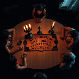 A tense and dramatic scene depicting a large, oval table surrounded by four young women, two on each side, and two adults seated at the ends