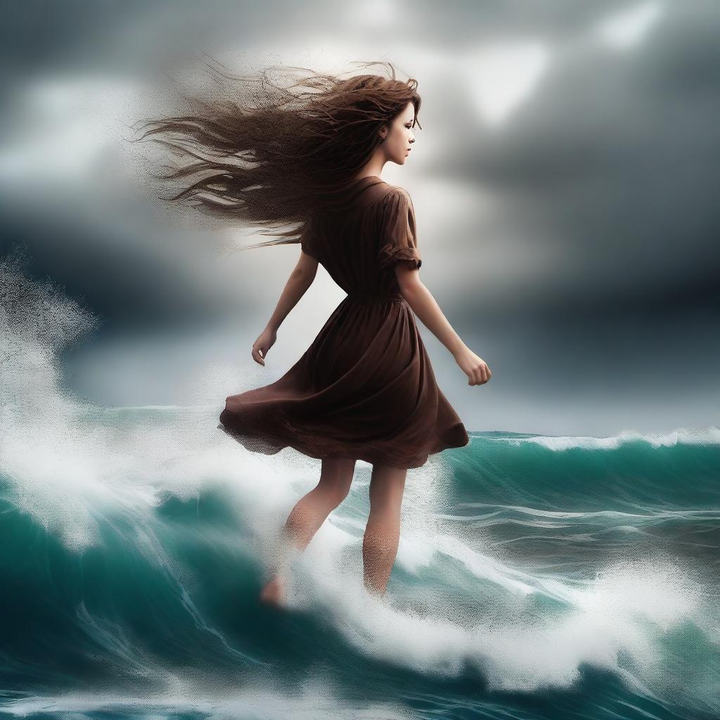 This digital art image of the highest quality showcases a girl with brown hair, seemingly floating in the air above a raging, stormy ocean