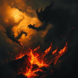 A dramatic depiction of the battle between darkness and fire, showcasing a fierce contrast between deep, swirling shadows and bright, flickering flames