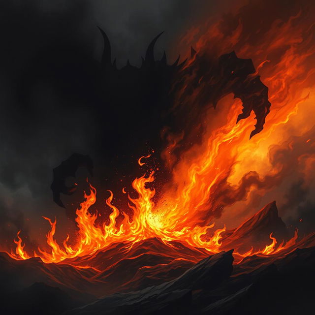 A dramatic depiction of the battle between darkness and fire, showcasing a fierce contrast between deep, swirling shadows and bright, flickering flames