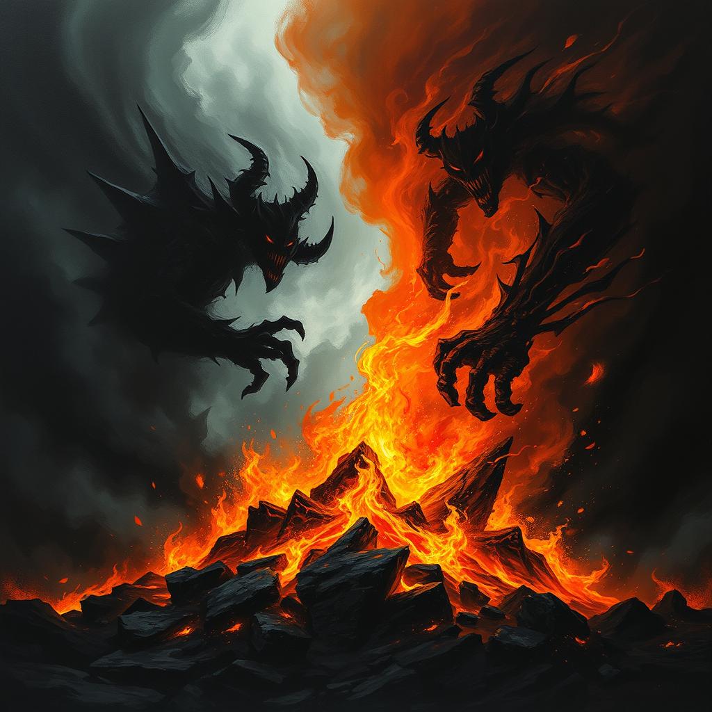 A dramatic depiction of the battle between darkness and fire, showcasing a fierce contrast between deep, swirling shadows and bright, flickering flames