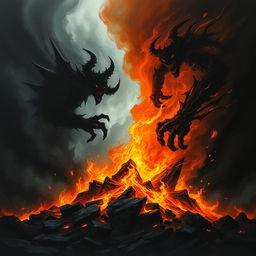 A dramatic depiction of the battle between darkness and fire, showcasing a fierce contrast between deep, swirling shadows and bright, flickering flames