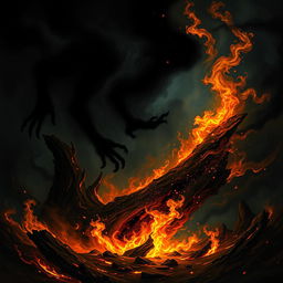 A dramatic depiction of the battle between darkness and fire, showcasing a fierce contrast between deep, swirling shadows and bright, flickering flames