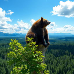 A majestic bear perched at the top of a tall tree, gazing out over a vast, lush forest, with vibrant green leaves and a stunning panorama of treetops below