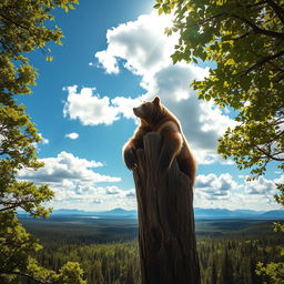 A majestic bear perched at the top of a tall tree, gazing out over a vast, lush forest, with vibrant green leaves and a stunning panorama of treetops below