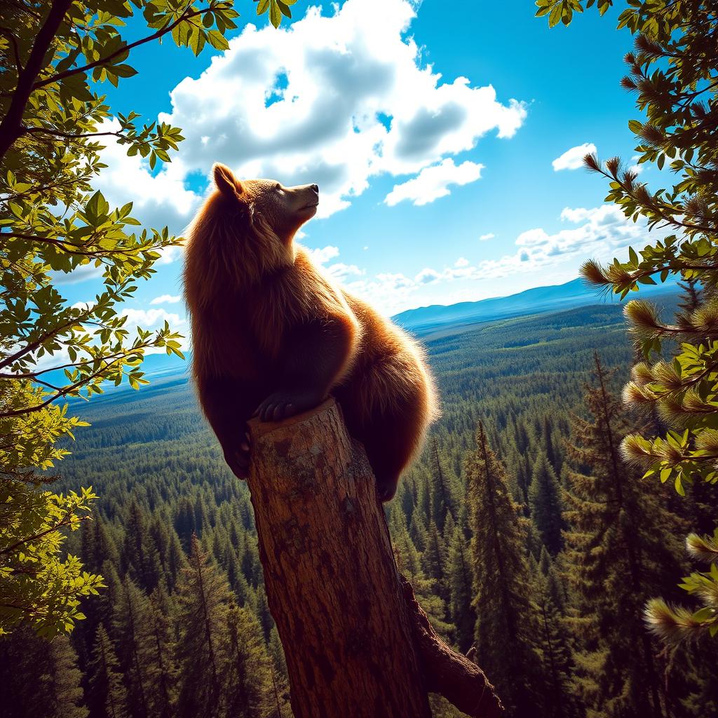 A majestic bear perched at the top of a tall tree, gazing out over a vast, lush forest, with vibrant green leaves and a stunning panorama of treetops below