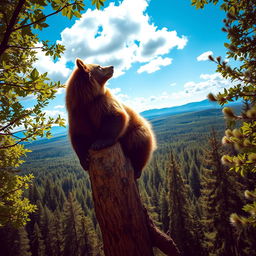 A majestic bear perched at the top of a tall tree, gazing out over a vast, lush forest, with vibrant green leaves and a stunning panorama of treetops below