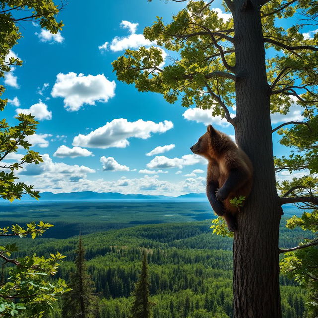 A majestic bear perched at the top of a tall tree, gazing out over a vast, lush forest, with vibrant green leaves and a stunning panorama of treetops below