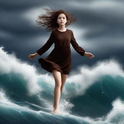 This digital art image of the highest quality showcases a girl with brown hair, seemingly floating in the air above a raging, stormy ocean