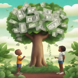 An image of high quality, showcasing two children standing beside a lush, green plant with crisp dollar bills sprouting from its branches