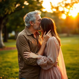 A romantic scene depicting a 44-year-old man with distinguished gray hair leaning in to kiss a 28-year-old woman