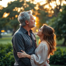 A romantic scene depicting a 44-year-old man with distinguished gray hair leaning in to kiss a 28-year-old woman