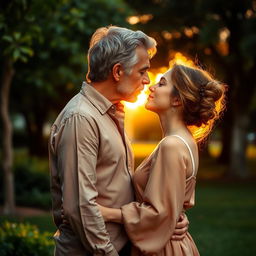 A romantic scene depicting a 44-year-old man with distinguished gray hair leaning in to kiss a 28-year-old woman