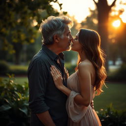 A romantic scene depicting a 44-year-old man with distinguished gray hair leaning in to kiss a 28-year-old woman