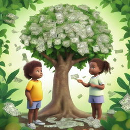 An image of high quality, showcasing two children standing beside a lush, green plant with crisp dollar bills sprouting from its branches