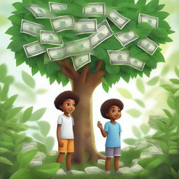 An image of high quality, showcasing two children standing beside a lush, green plant with crisp dollar bills sprouting from its branches