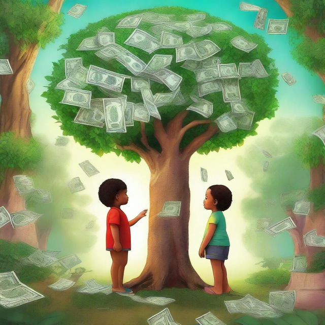 An image of high quality, showcasing two children standing beside a lush, green plant with crisp dollar bills sprouting from its branches