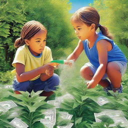 This is a vibrant digital art piece, illustrating two children involved in watering a dense bush