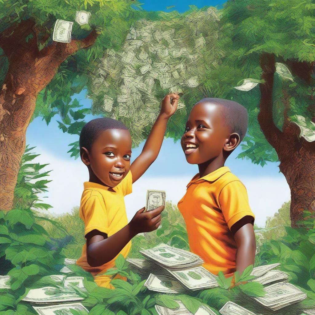 This is a vibrant digital art piece, illustrating two children involved in watering a dense bush