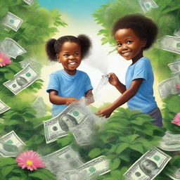 This is a vibrant digital art piece, illustrating two children involved in watering a dense bush