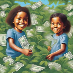 This is a vibrant digital art piece, illustrating two children involved in watering a dense bush