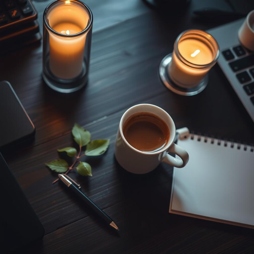 A cozy workspace featuring a hot cup of coffee placed on a dark wooden desk