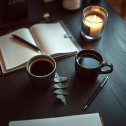 A cozy workspace featuring a hot cup of coffee placed on a dark wooden desk
