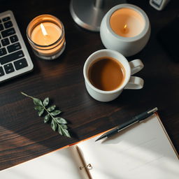 A cozy workspace featuring a hot cup of coffee placed on a dark wooden desk