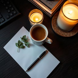 A cozy workspace featuring a hot cup of coffee placed on a dark wooden desk