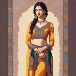 A digital art of a woman dressed in a traditional shalwar