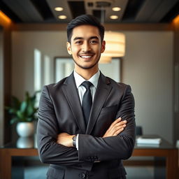 A formal portrait of a professional individual wearing a sharply tailored business suit, with a neatly pressed shirt and a stylish tie