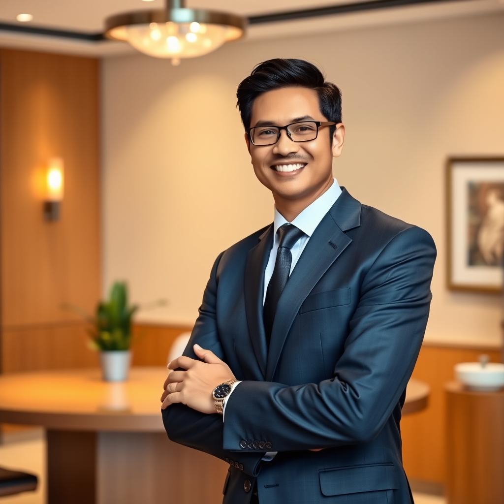 A formal portrait of a professional individual wearing a sharply tailored business suit, with a neatly pressed shirt and a stylish tie