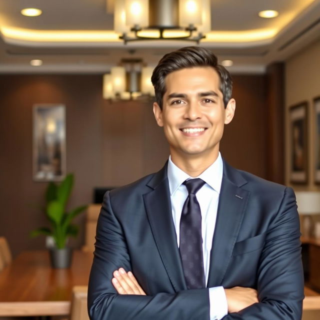 A formal portrait of a professional individual wearing a sharply tailored business suit, with a neatly pressed shirt and a stylish tie