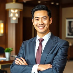A formal portrait of a professional individual wearing a sharply tailored business suit, with a neatly pressed shirt and a stylish tie