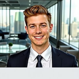 A professional portrait of a young adult man wearing a smart suit and tie, smiling confidently