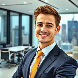 A professional portrait of a young adult man wearing a smart suit and tie, smiling confidently