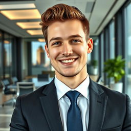 A professional portrait of a young adult man wearing a smart suit and tie, smiling confidently