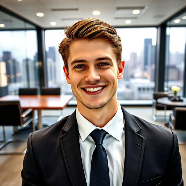 A professional portrait of a young adult man wearing a smart suit and tie, smiling confidently