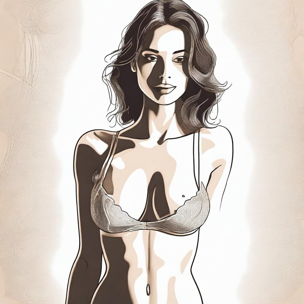 This is a tasteful digital art portraying a woman in a bra and a minimalist thong