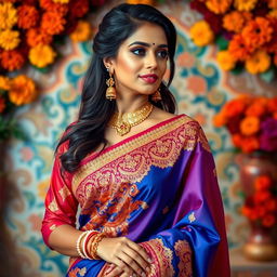A stunning and elegant Indian woman dressed in a vibrant traditional saree, adorned with intricate golden embroidery