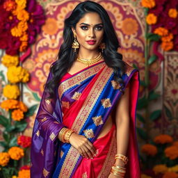 A stunning and elegant Indian woman dressed in a vibrant traditional saree, adorned with intricate golden embroidery