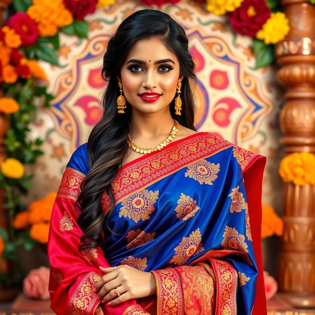A stunning and elegant Indian woman dressed in a vibrant traditional saree, adorned with intricate golden embroidery