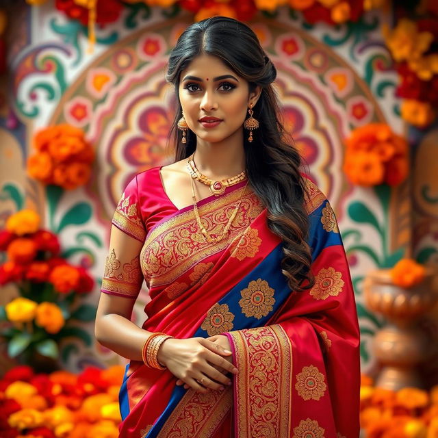 A stunning and elegant Indian woman dressed in a vibrant traditional saree, adorned with intricate golden embroidery