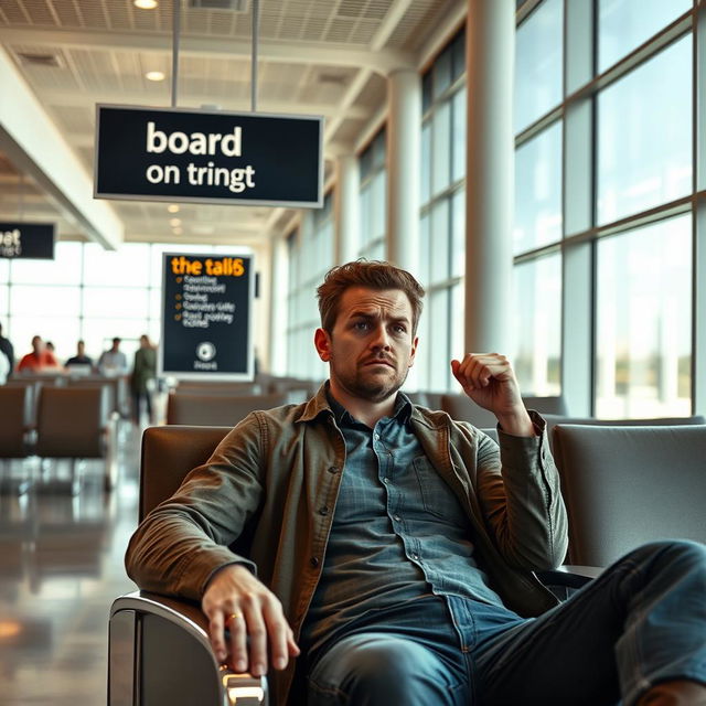 A casually dressed man sitting in an airport lounge chair, displaying frustration as he looks intently at a sign that reads 'board on the right' near the ticket counter