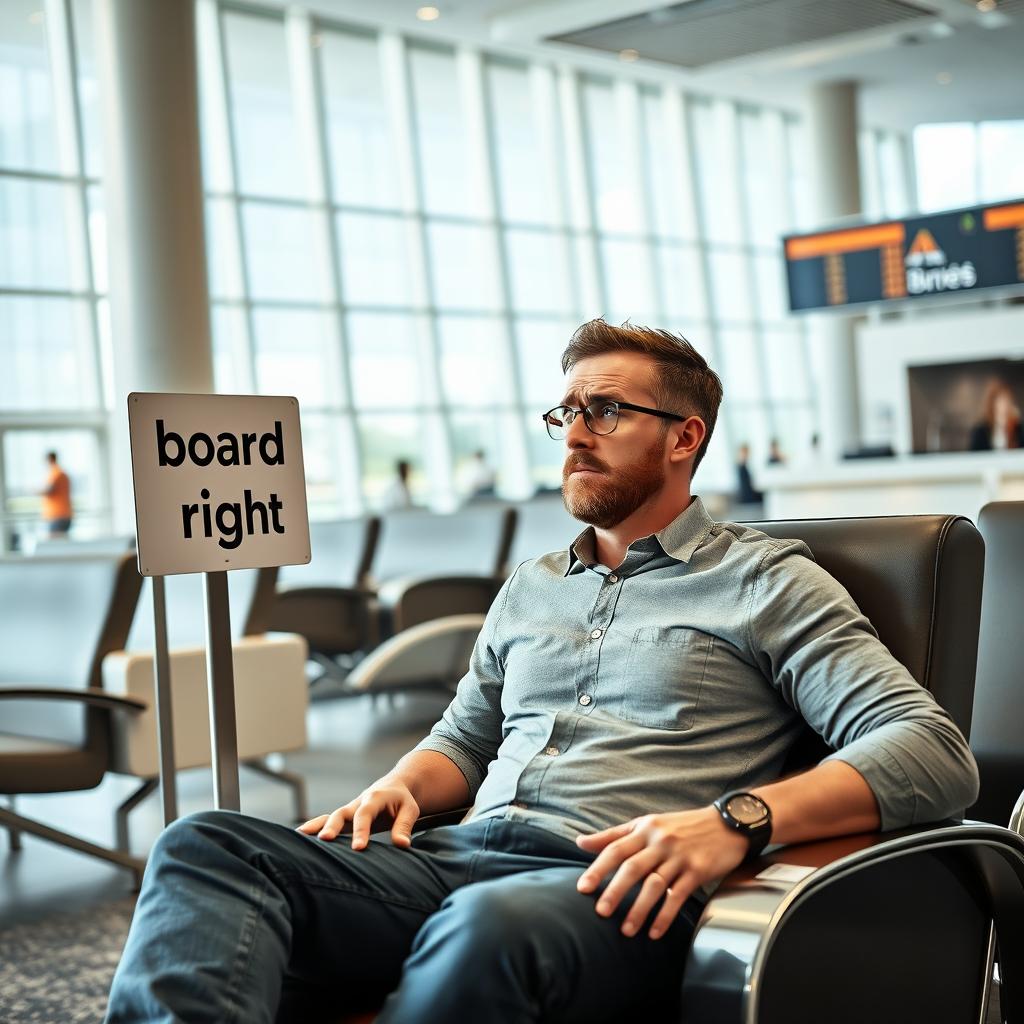 A casually dressed man sitting in an airport lounge chair, displaying frustration as he looks intently at a sign that reads 'board on the right' near the ticket counter