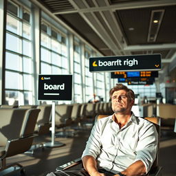 A casually dressed man sitting in an airport lounge chair, displaying frustration as he looks intently at a sign that reads 'board on the right' near the ticket counter