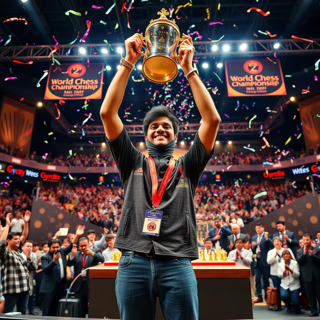 A monumental scene depicting Gukesh Dommaraju standing triumphantly on a grand chess tournament stage after winning the World Chess Championship