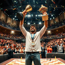 A monumental scene depicting Gukesh Dommaraju standing triumphantly on a grand chess tournament stage after winning the World Chess Championship