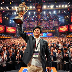 A monumental scene depicting Gukesh Dommaraju standing triumphantly on a grand chess tournament stage after winning the World Chess Championship