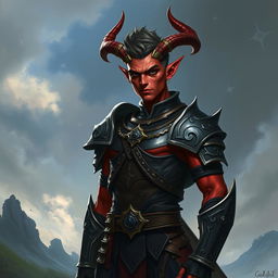 A male tiefling warrior standing confidently, featuring short, spiky hair and striking red skin